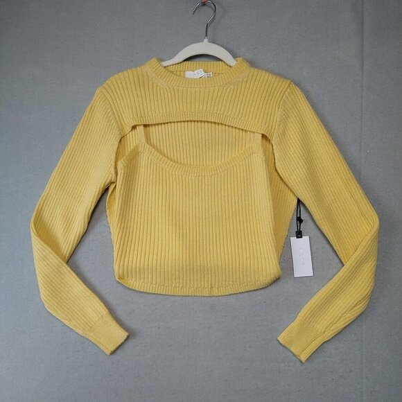 ASTR Astoria Sweater Womens M Sunshine Yellow Cropped Ribbed Knit Layered Chic - Picture 4 of 11